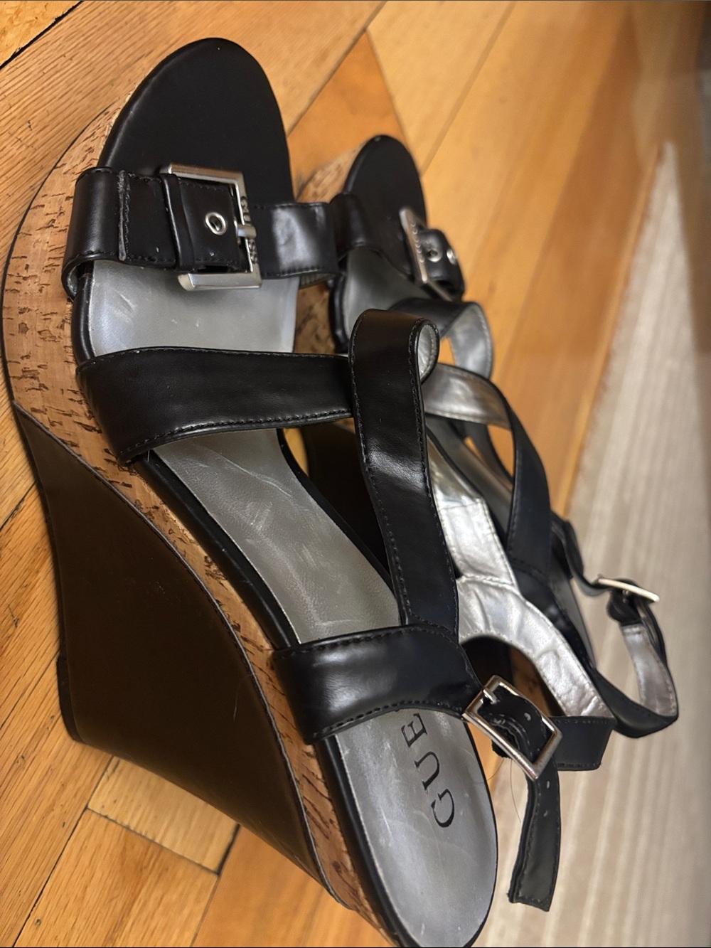 Guess Black Leather Cork-Effect Wedge Sandals